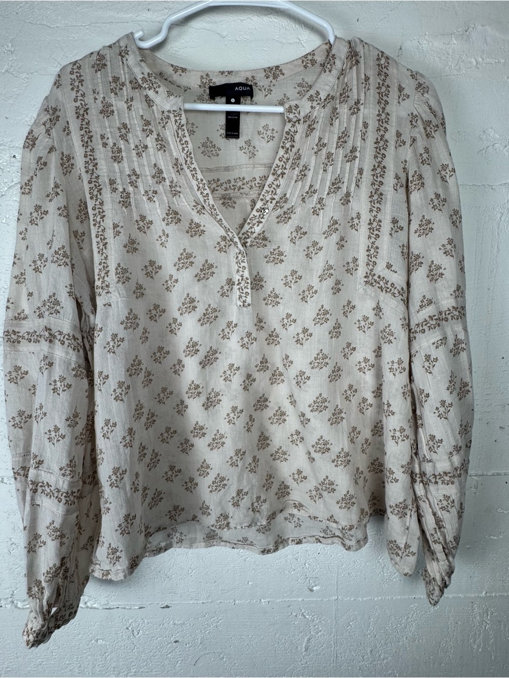 Aqua Cotton Made in India Cottagecore Cream Blouse with Brown Floral‎ Pintucks S